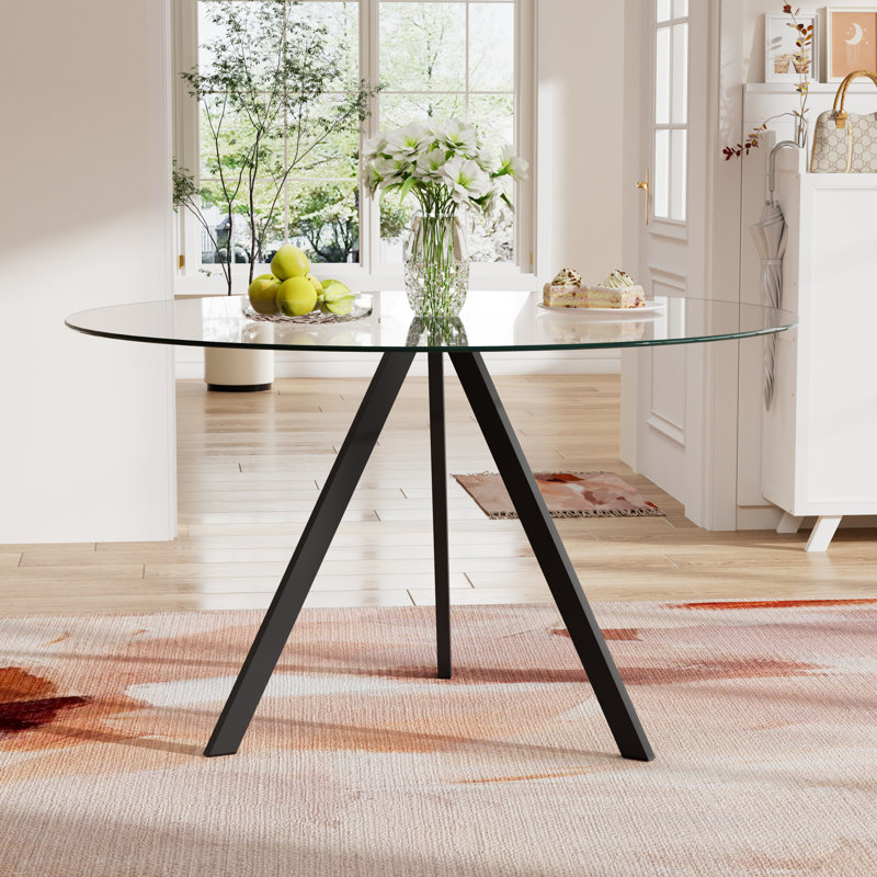 Table de salle à manger avec plateau en verre Bernadette, Noir, noir, noir, noir, H 29,5 po x l 39,2 po x P 39,2 po