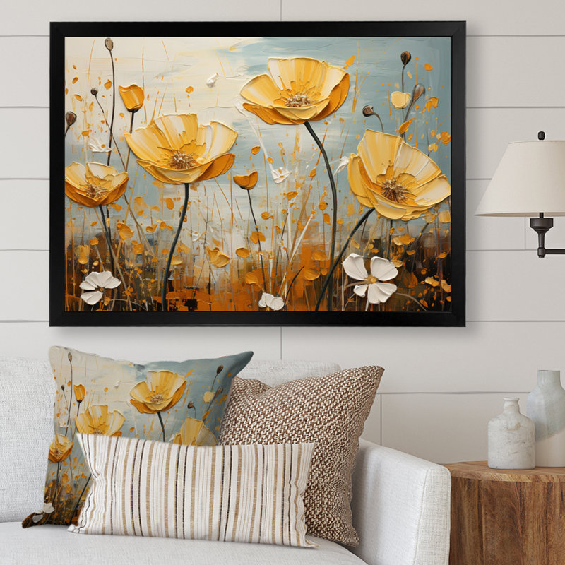 «Yellow Grey Buttercups Golden Glow Patchwork», reproduction sur toile, Cadre photo noir, H 34 po x l 44 po x P 1,5 po