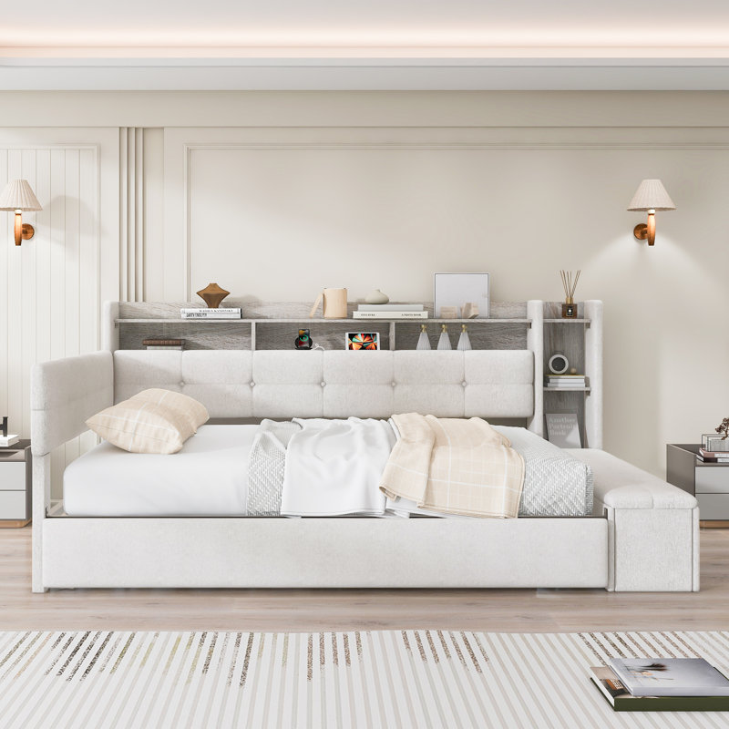 Twin Size Upholstered Daybed with Trundle, Storage Footstool & Shelves, USB Charging & LED Lights, Beige, Beige, Twin