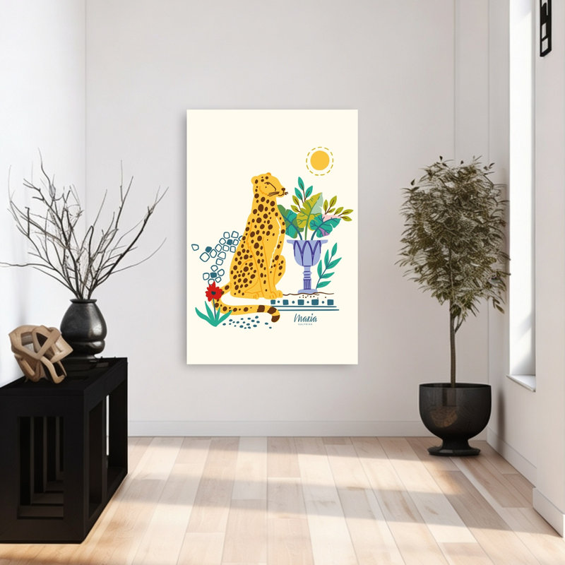Assis et plantes tropicales Guépard - Affiche murale moderne et vibrante représentant un animal abstrait et la nature