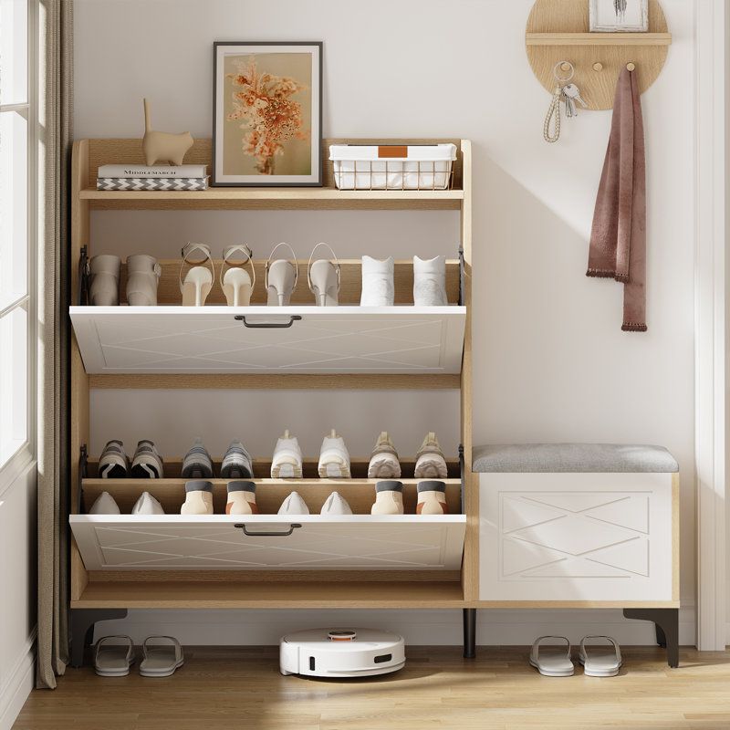 24 Pairs Shoe Storage Cabinet with Cushion Bench and Adjustable Flip Storage Cabinet, Natural Oak