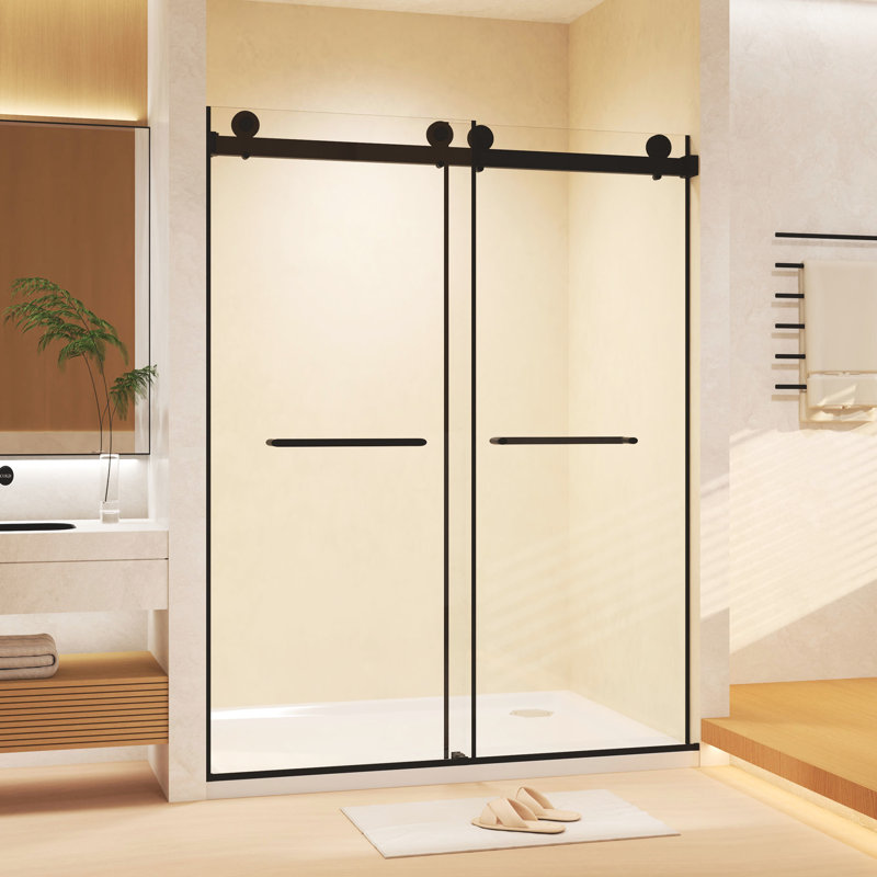 Porte de douche double coulissante de l 56 à 60 po x H 74 po, verre trempé de 8 mm, noir mat, composants en acier inoxydable, film de preuve externe, conception peu encombrante, fonctionnement silencieux, barrière à l'eau surélevée