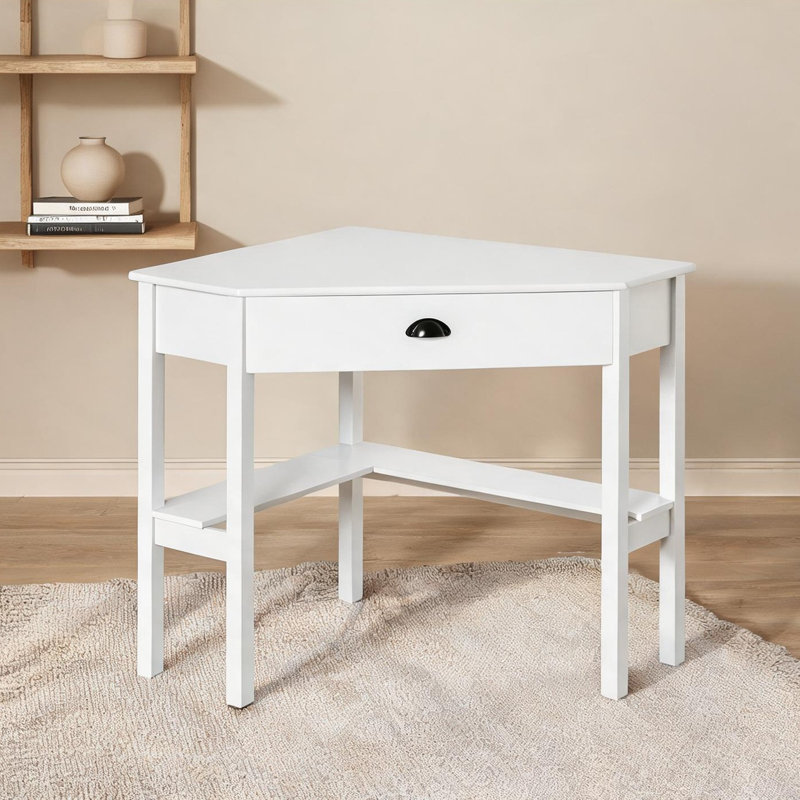 Bureau d'écriture triangulaire blanc doux avec tiroir et tablettes, poste de travail d'angle compact de 29,5 pouces