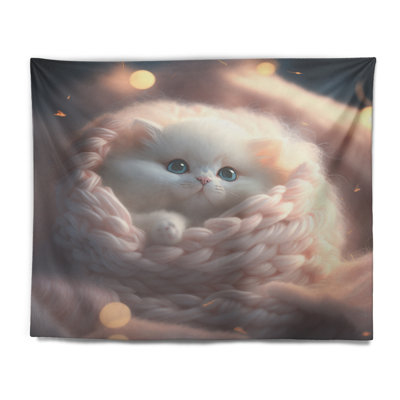 Cute Little White Kitten In Knitted Nest Polyester Tapestry