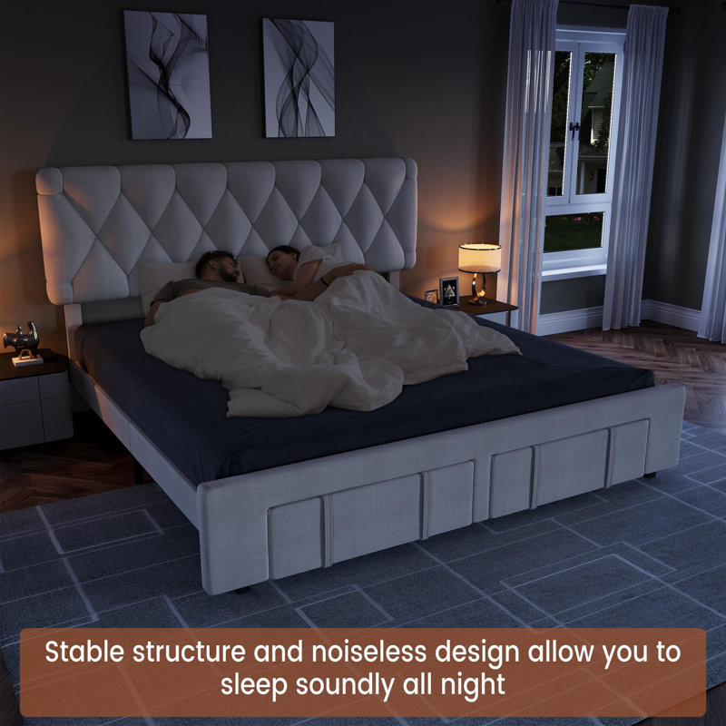Structure de lit plateforme tapissier avec tiroirs de rangement, sommier avec support en lattes de bois massif, Beige