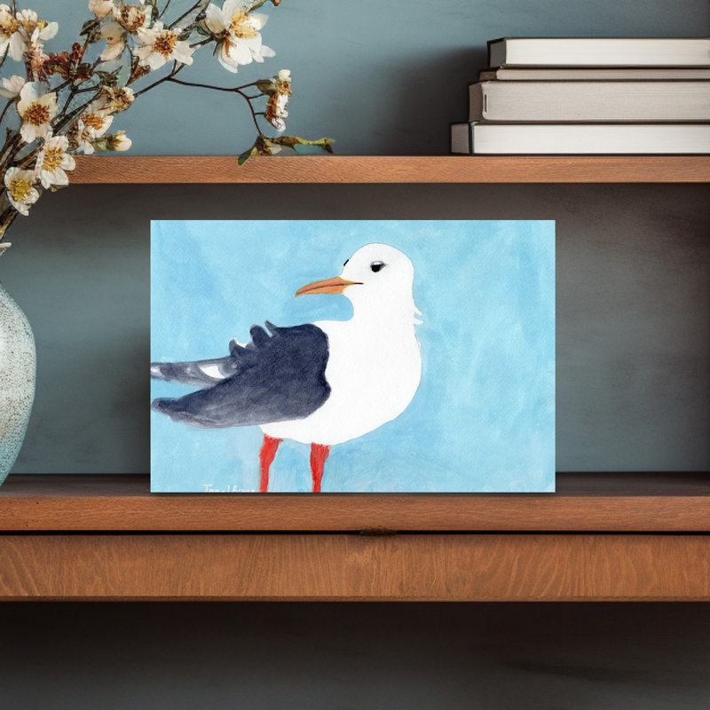 Contemporary Art Contemporary Modern Peaceful Seagull Bird Fly Beach Ocean Wall Art by Janel Bragg - Wrapped Canvas Print