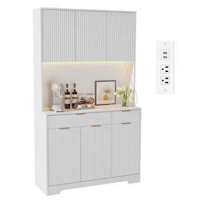 White Fluted Wide Storage Cabinet with Charging Station and LED Light | Adjustable Shelves, Open Countertop and Storage Drawers, Tall Pantry for Kitchen, Dining Room and Living Room