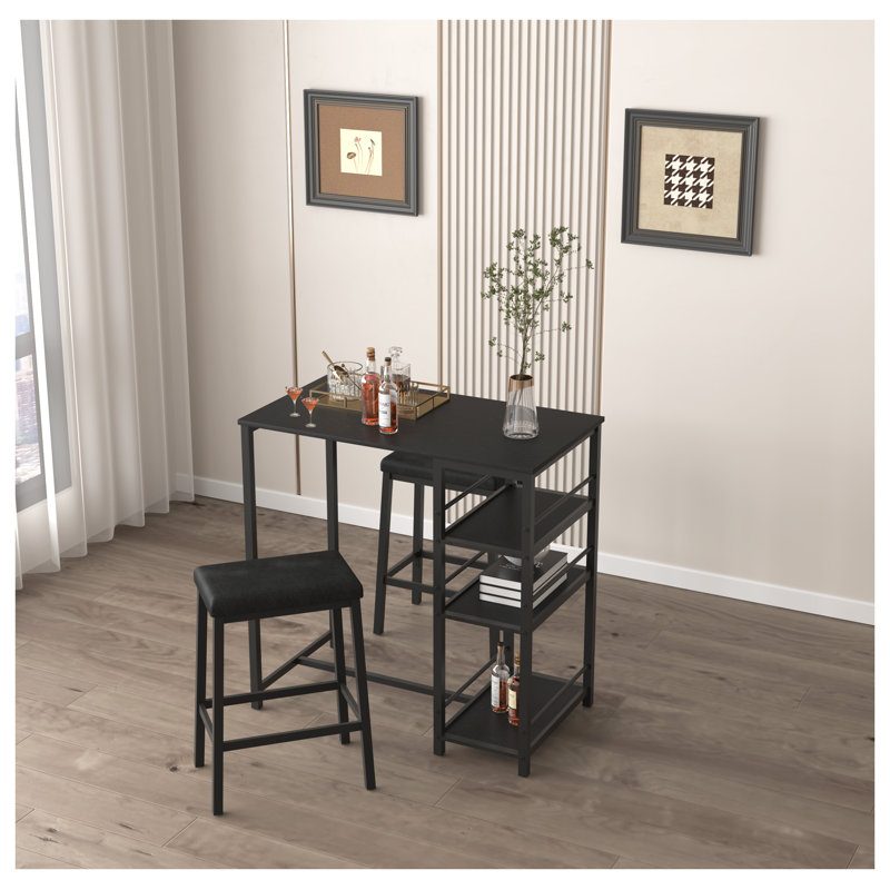3-Piece Dining Table Set for Two with Storage Shelves, Includes Rectangular Table and 2 Square Stools in Black