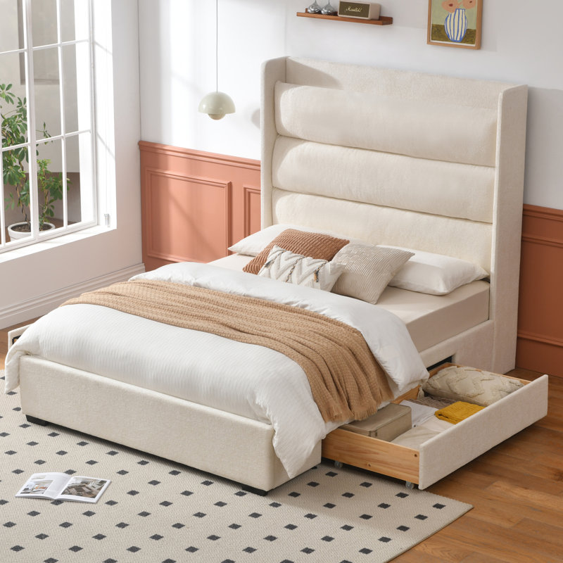 Upholstered Platform Storage Bed with High Backrest and Two Large Solid Wood Drawers, Cream, Queen