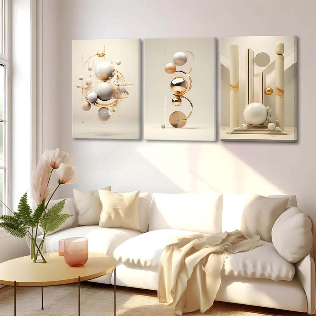 3Pcs Modern Three-Dimensional Geometric Spheres Canvas Wall Art Abstract Luxury Beige Gold Wall Decor Pictures Minimalist Medieval Posters Prints For