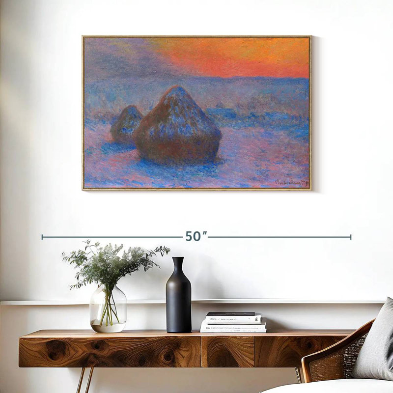 Pile de blé effet coucher de soleil 1890-1891, 37 po x 25 po, Cadre flottant en bois naturel