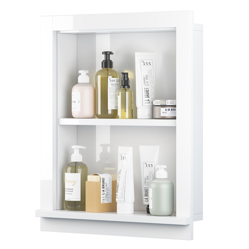 15.7" W X 19.8" H Recessed Wall Niche, 2-Tier High Gloss White Solid Wood Shower Niche, Modern In-Wall Bathroom Storage Shelf