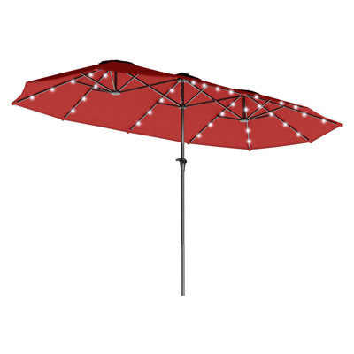 Outsunny 13ft Large Patio Umbrella with Solar Lights, Rectangular Double-Sided Outdoor Market Umbrella with Crank Handle and 48 LED Bulbs for Garden, Pool and Backyard, UPF 30+, Wine Red