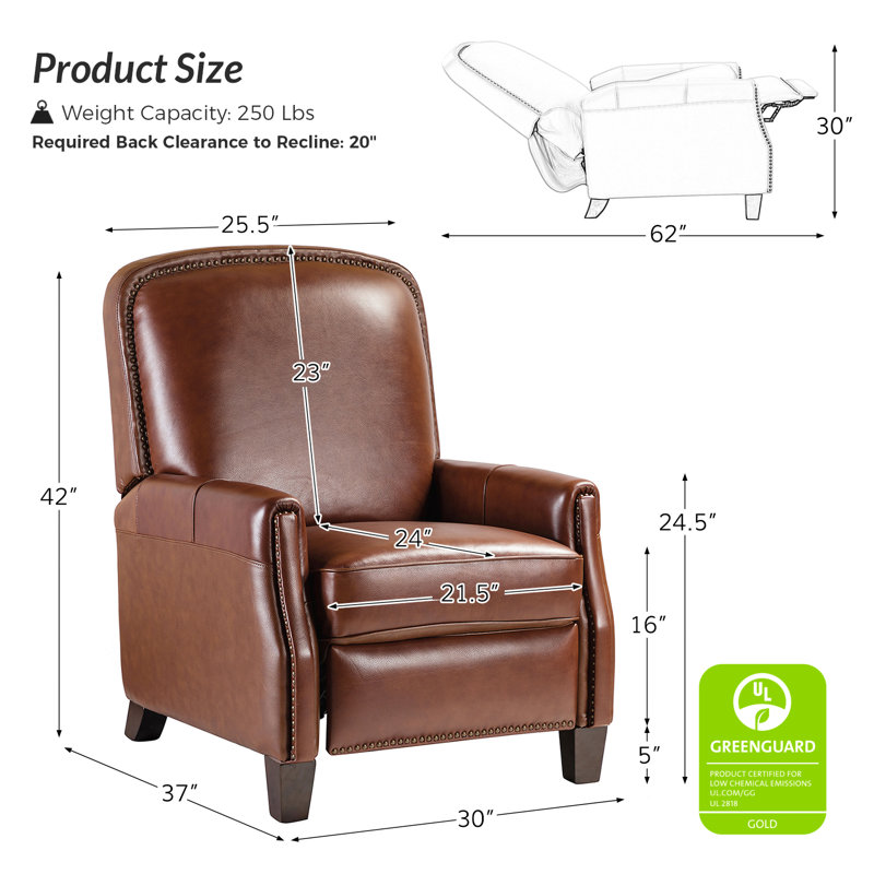 Fauteuil inclinable manuel en cuir véritable Glen Ellyn, Cuir grainé brun