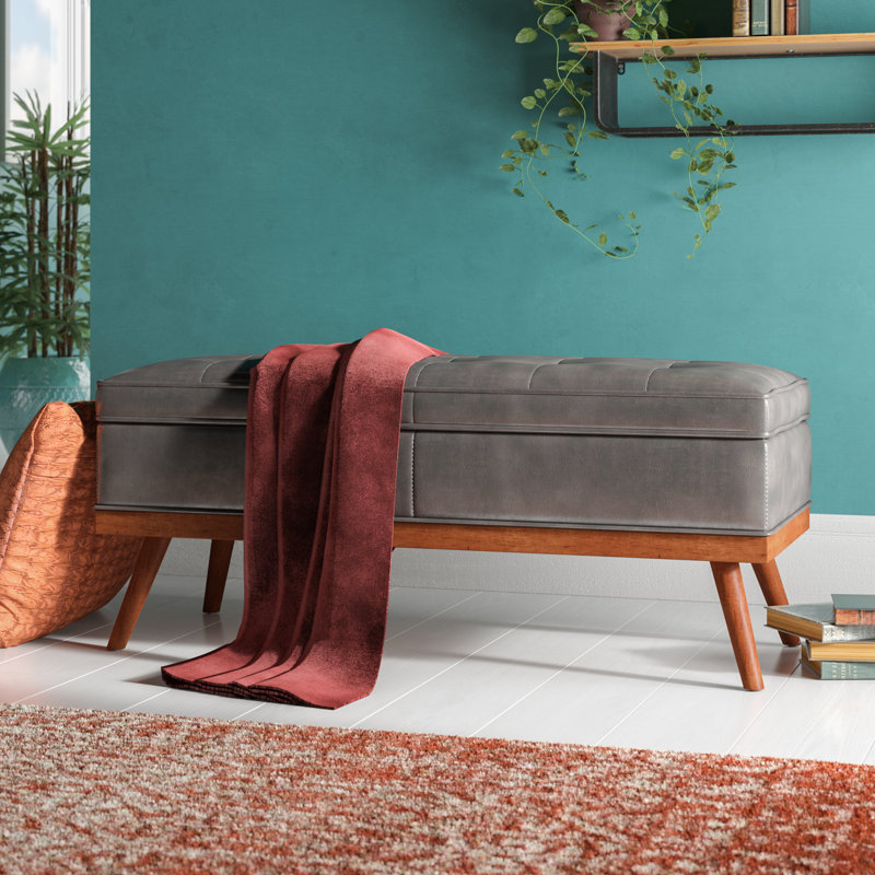 Boyu Polyester Blend Upholstered Storage Bench, Pewter Faux Leather