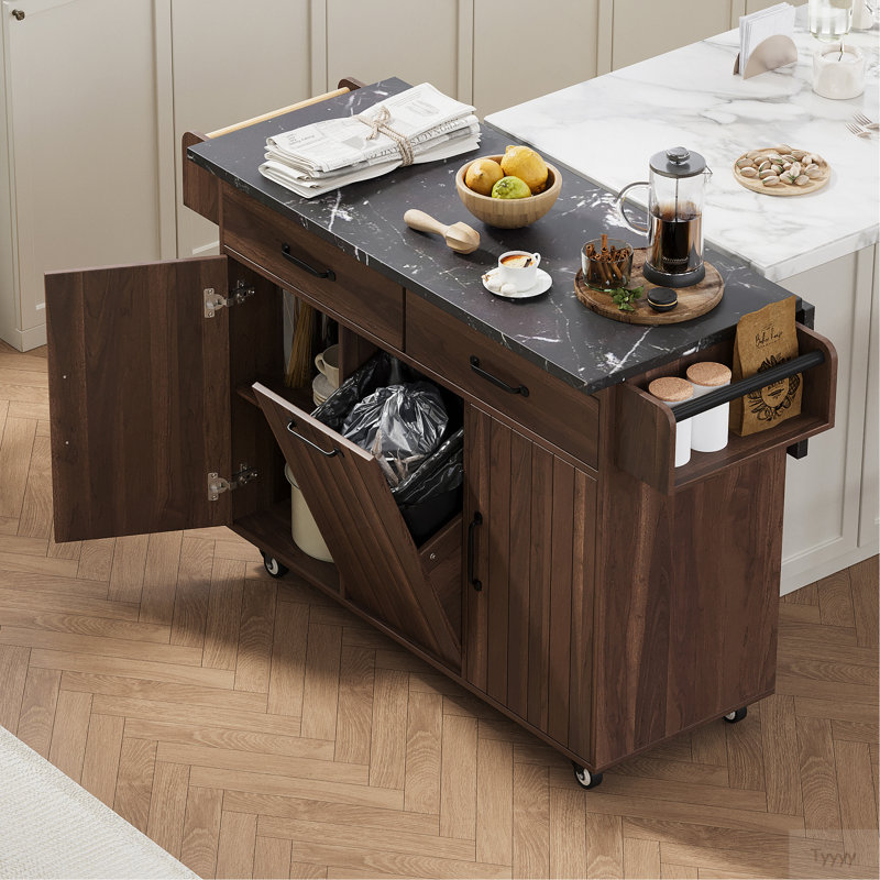 Kitchen Island With Trash Can Storage Cabinet, Kitchen Cart With Drop Leaf, Spice Rack, Towel Rack And Drawer, Rolling Kitchen Island On Wheels With Adjustable Shelf
