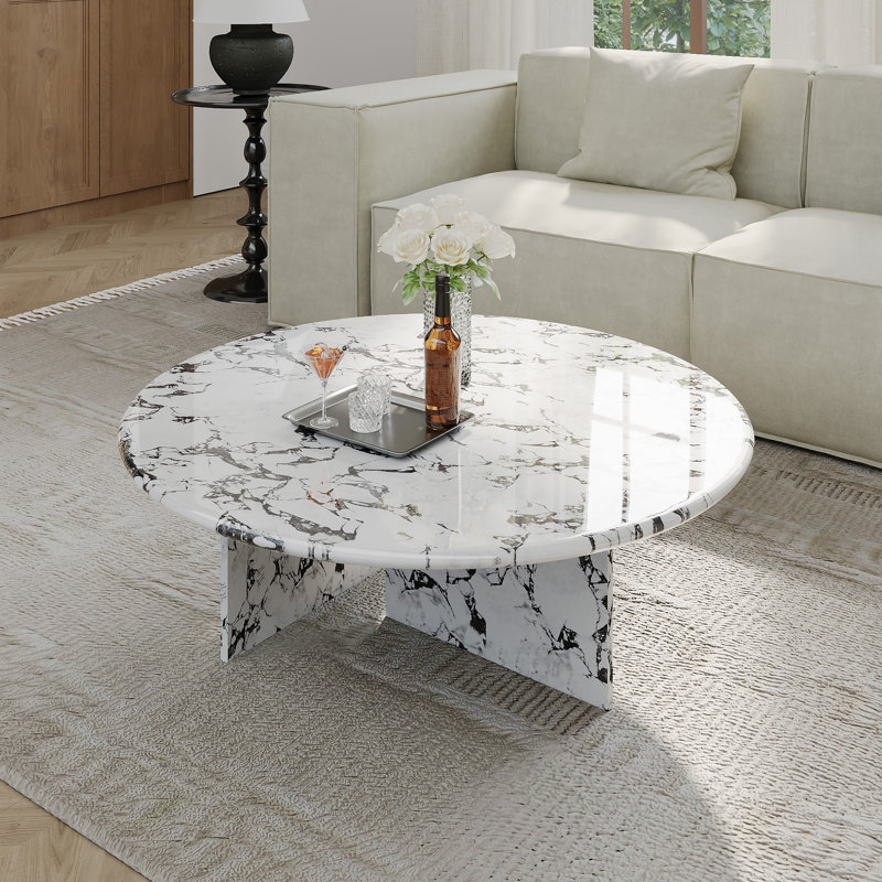Table basse ronde moderne 35,43 po, plateau en faux marbre brillant, Blanc