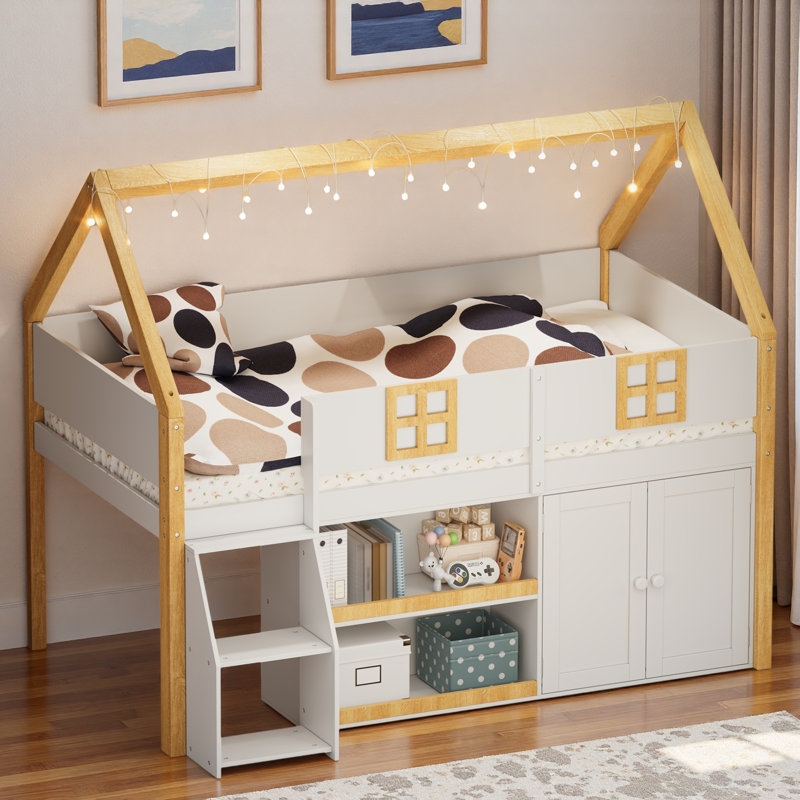 Lit mezzanine bas avec tablettes, armoires et lumières à DEL, Lit double