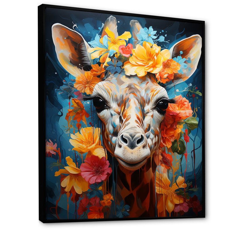 «Cute Floral Giraffe Happiness I», reproduction, Cadre flottant noir, H 44 po x l 34 po x P 1,5 po