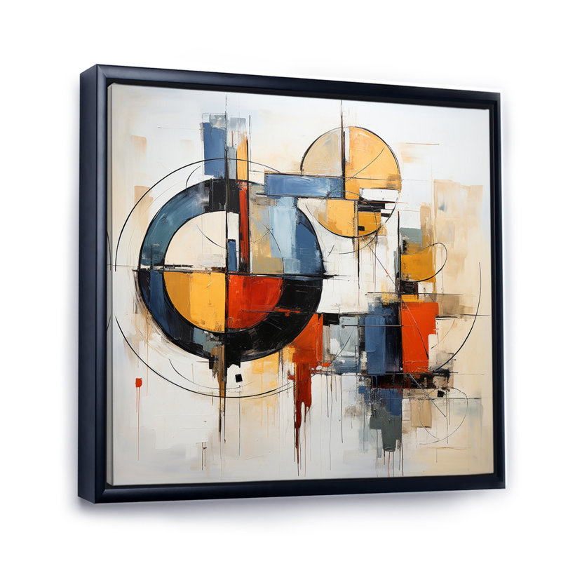 «Mid I Century» abstrait coloré Fusion I - art abstrait Mid-Century, H 24 po x l 24 po x P 1 po, Cadre flottant noir