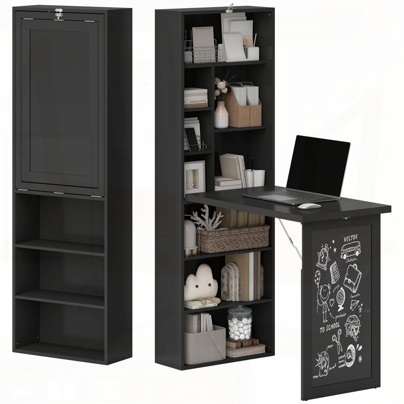 Wall Mounted Convertible Desk with Bookshelf – Fold-Out Home Office Workstation