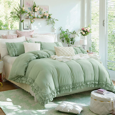 Sage Green Comforter Queen Ruffled Bedding Set Light Green Ruffle Boho Bedroom Decor Super Soft Cozy Farmhouse Style Comforter Set