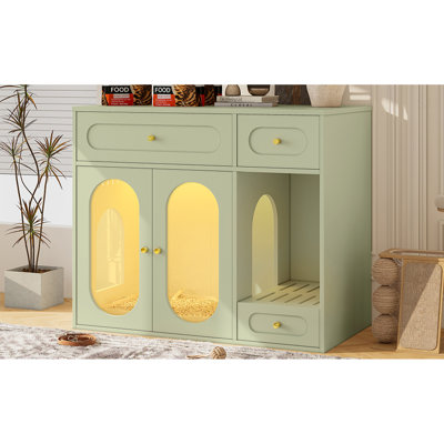 Enceinte de litière pour chat avec lumière DEL, meuble de litière caché avec tiroirs de rangement, convient à la plupart des bacs à litière, maisonnette d'intérieur avec portes en acrylique, table de bout pour le salon