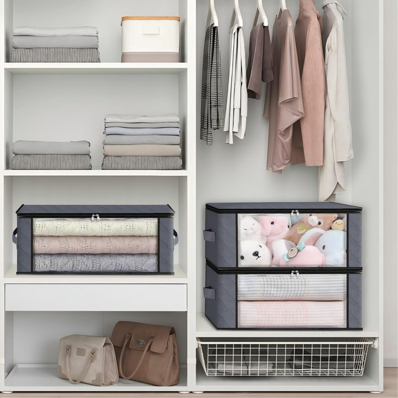 Clothes Organizer Storage Bags Foldable Storage Box With Large Clear Window Sturdy Handles For Closet, Dorm, Pillows, Bedding, Clothes, Blankets(Gray)