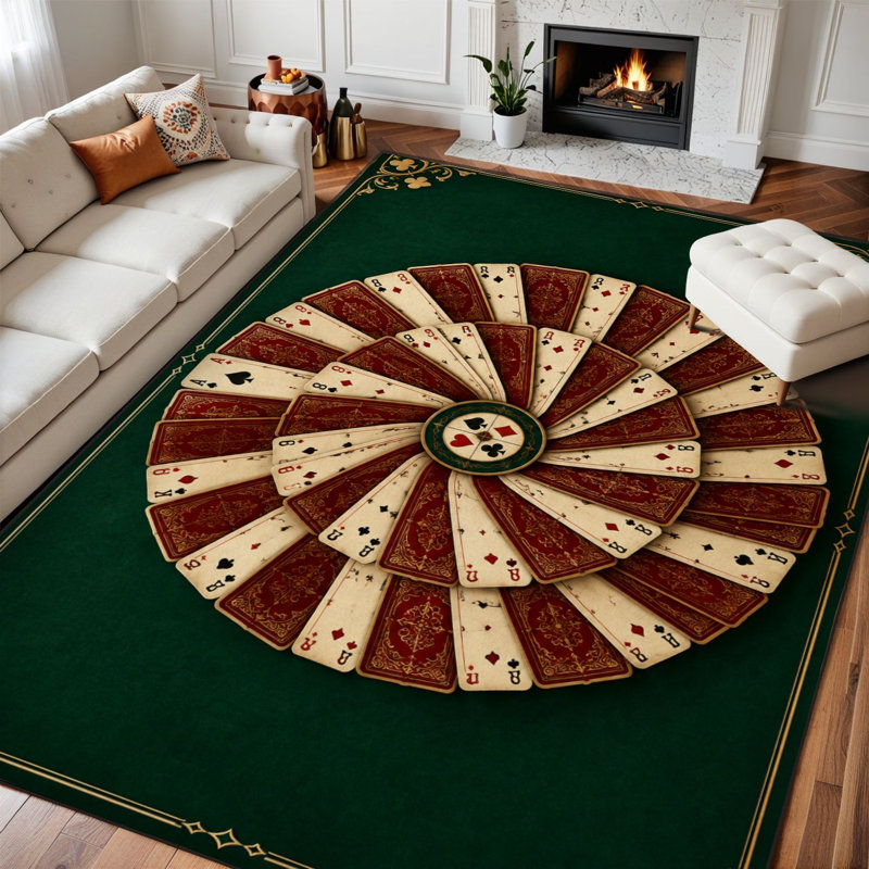 Tapis lavable 9x12, motif cartes à jouer vintage, poils courts, envers antidérapant en TPE, vert foncé, doux, idéal pour le salon, la chambre à coucher, la salle à manger et le bureau.