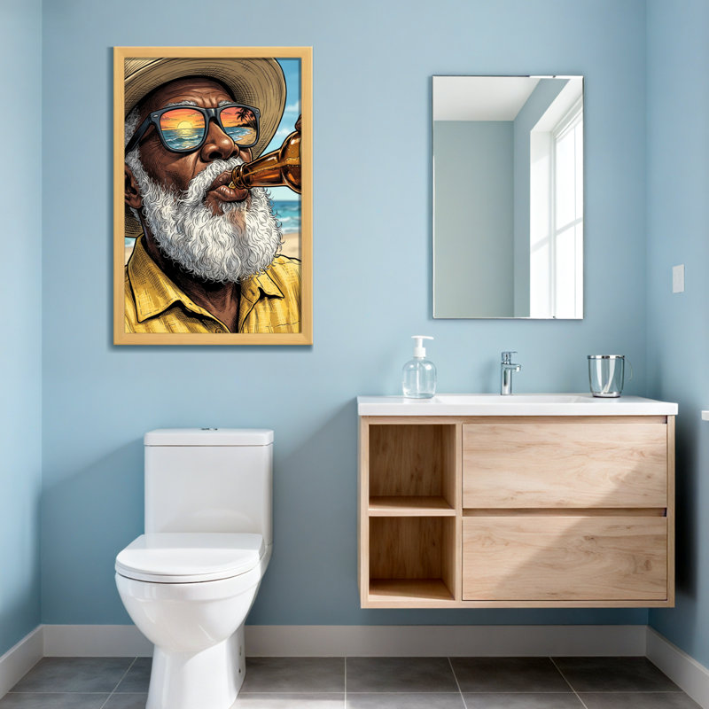 Fashion Bearded Man Drinking Beer On Beach, 24" H x 36" W, Wrapped Canvas, Does Not Apply
