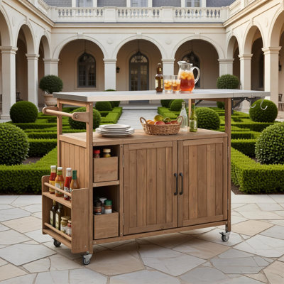 Chariot de cuisine pour l'extérieur 54,33 po, cadre en bois massif avec plateau en acier inoxydable, support à épices, porte-serviettes, roues verrouillables et rangement multifonctionnel pour la terrasse, le barbecue et la cuisine