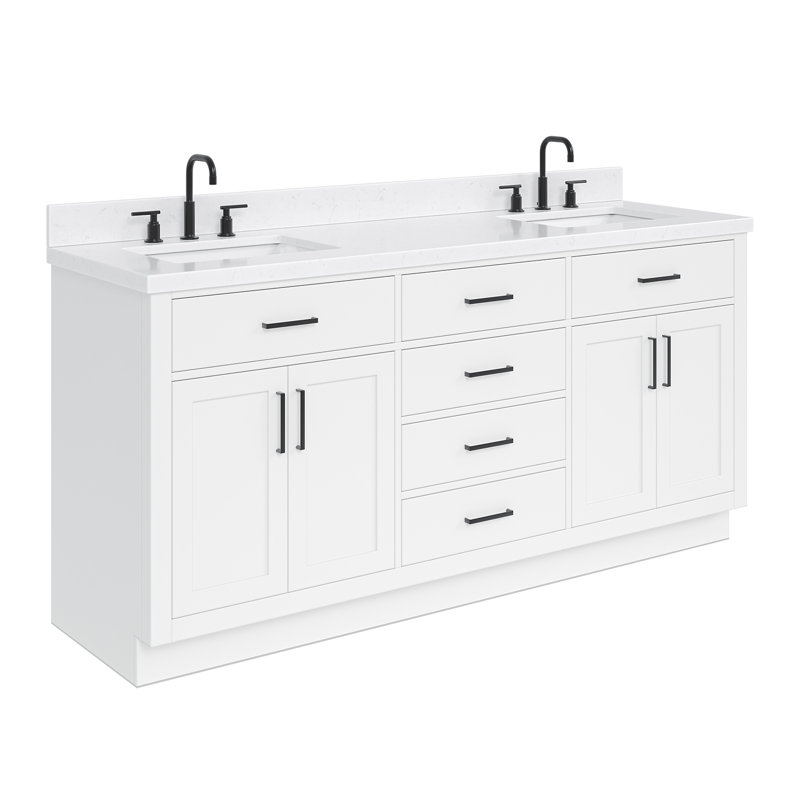 Meuble-lavabo double en bois massif 72 po avec plateau en quartz Carrara de 1,5 po Thornaby, Blanc, Forme rectangulaire