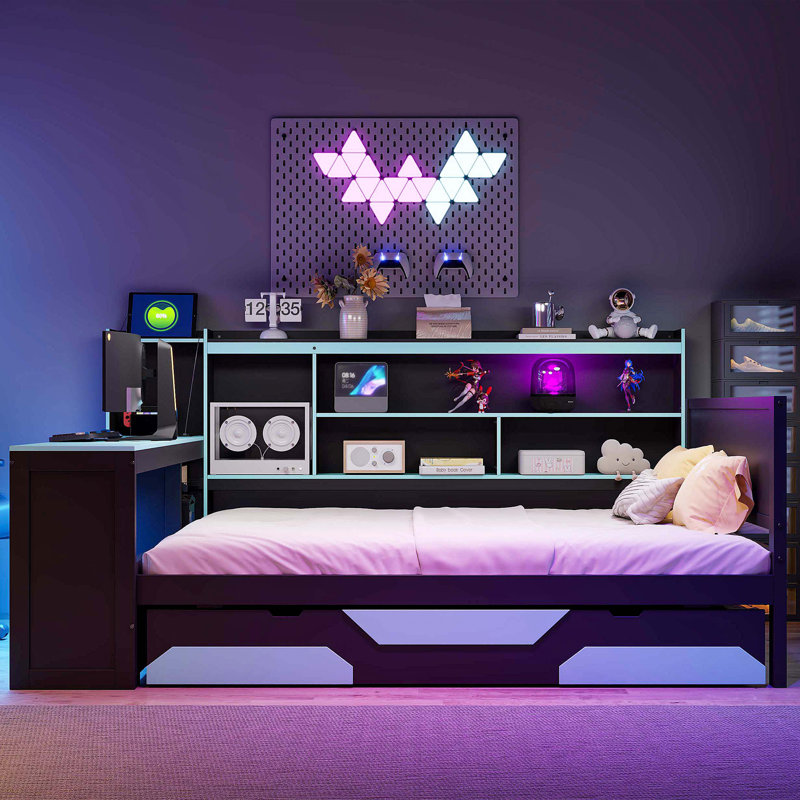 Full Size Gaming Daybed with Integrated Desk and Lights, Modern Wooden Bed Frame with 3 Storage Drawers and Built-in Charging Station, Multi-Functional Headboard Bookcase, Black+Blue