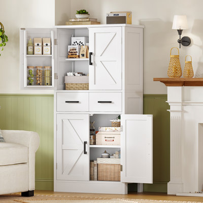 Pantry Cabinet With 2 Drawers, Small Kitchen Storage Cabinet With 4 Barn Doors and Adjustable Shelves, Kitchen Pantry For Living Room, Dining Room, White