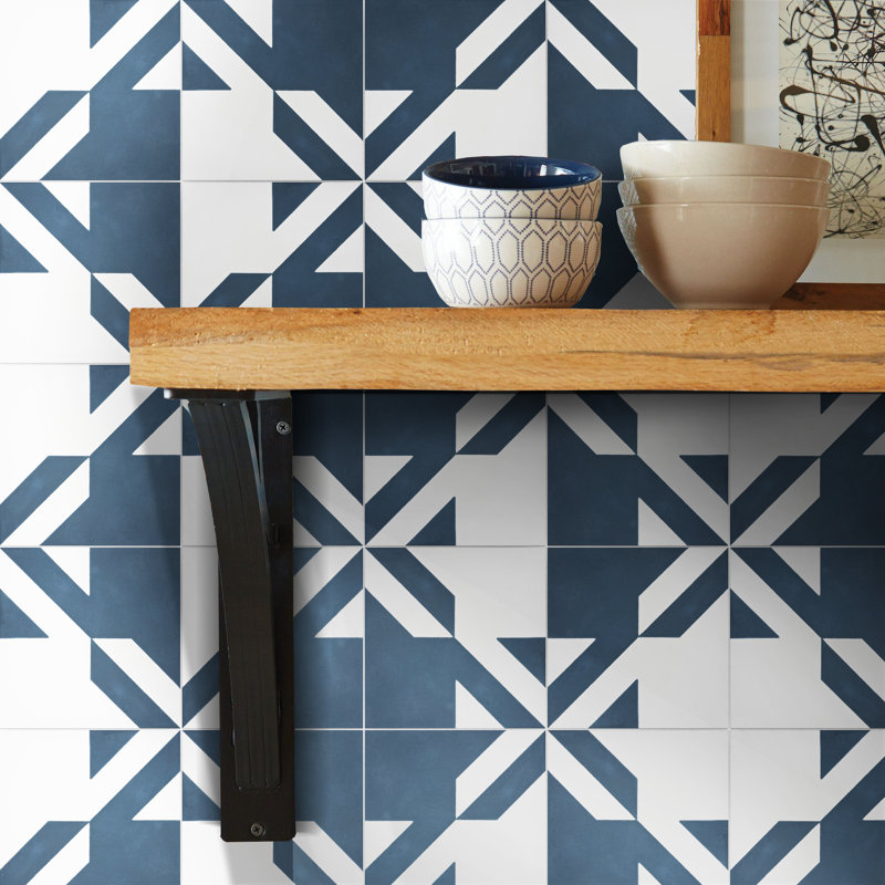 Tantan 8" x 8" Cement Patterned Wall & Floor Tile, Blue/White