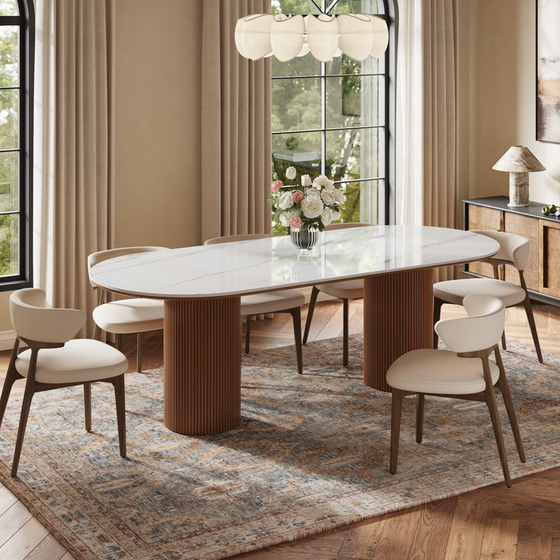 Maxsony 78.74" Mid Century Dining Table with Glossy Stone Tabletop, Rectangular Kitchen Table with Solid Wood Double Pedestal for 8