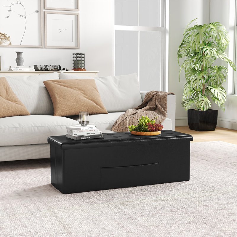 Faux Leather Ottoman, Black Faux Leather