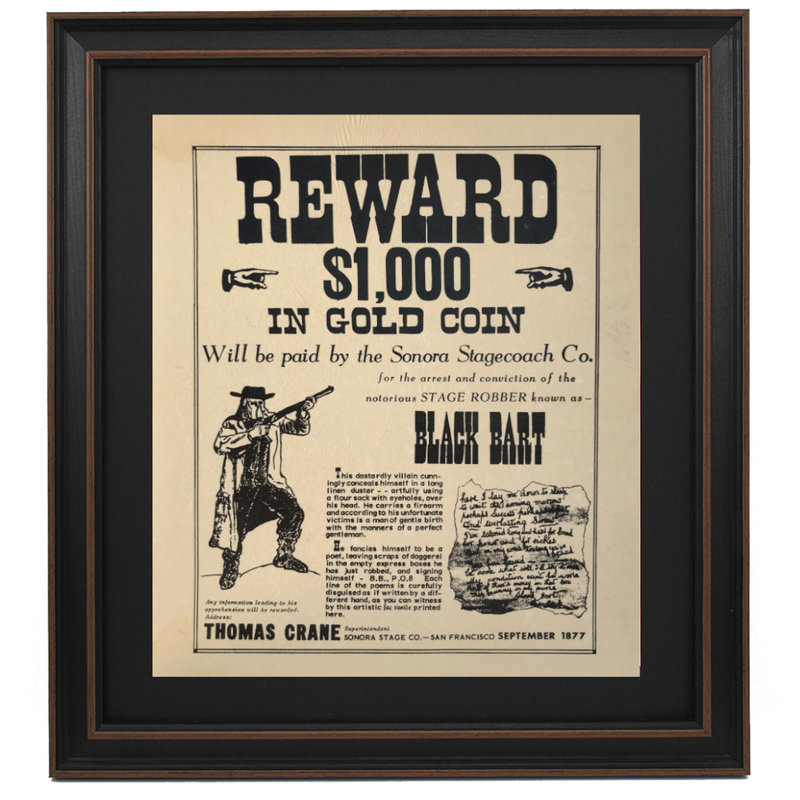 «Black Bart Wanted», affiche | Reproduction d'art textuel encadrée sur parchemin antique