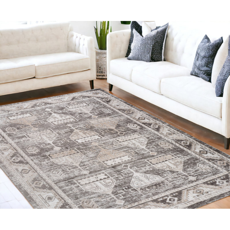 5' Beige and Brown Abstract Distressed Area Rug