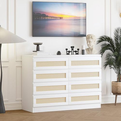Rattan Dresser for Bedroom, Modern 8 Drawer Wooden Dresser Chest, Wide Wood Beside Table for Closet, Nursery, Living Room and Entryway