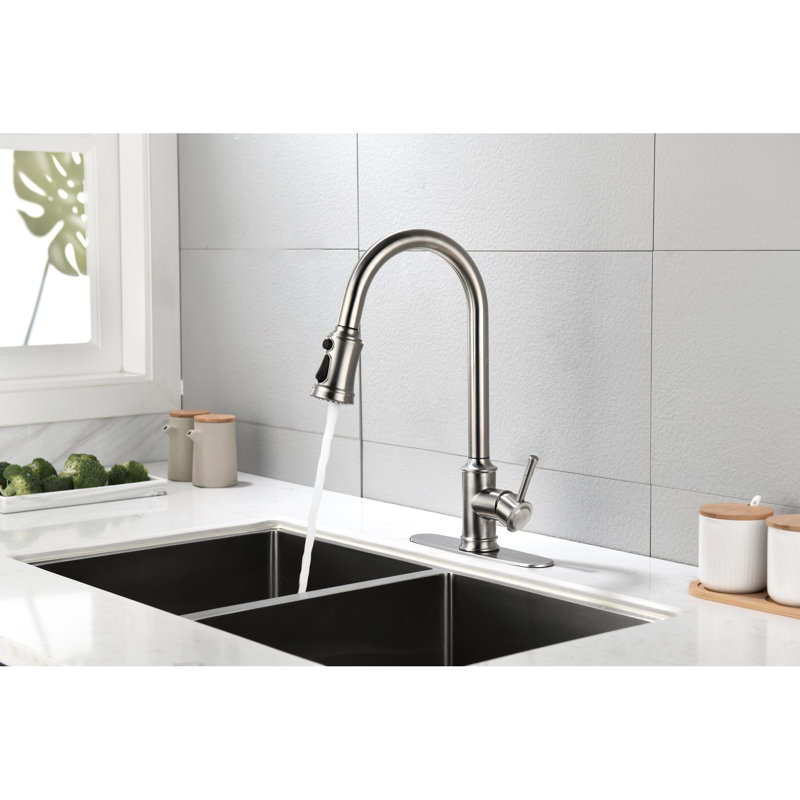 Robinet de cuisine en nickel brossé avec fonction rétractable et corps en acier inoxydable, Nickel brossé