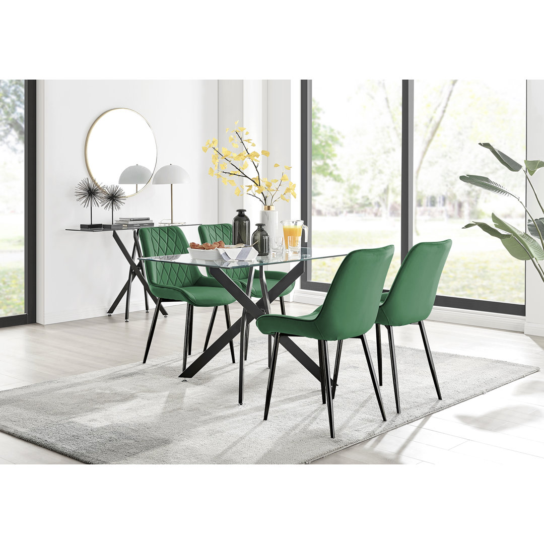Lenworth Modern Metal and Glass Dining Table Set with 4 Velvet Upholstered Dining Chairs East Urban Home Chair 