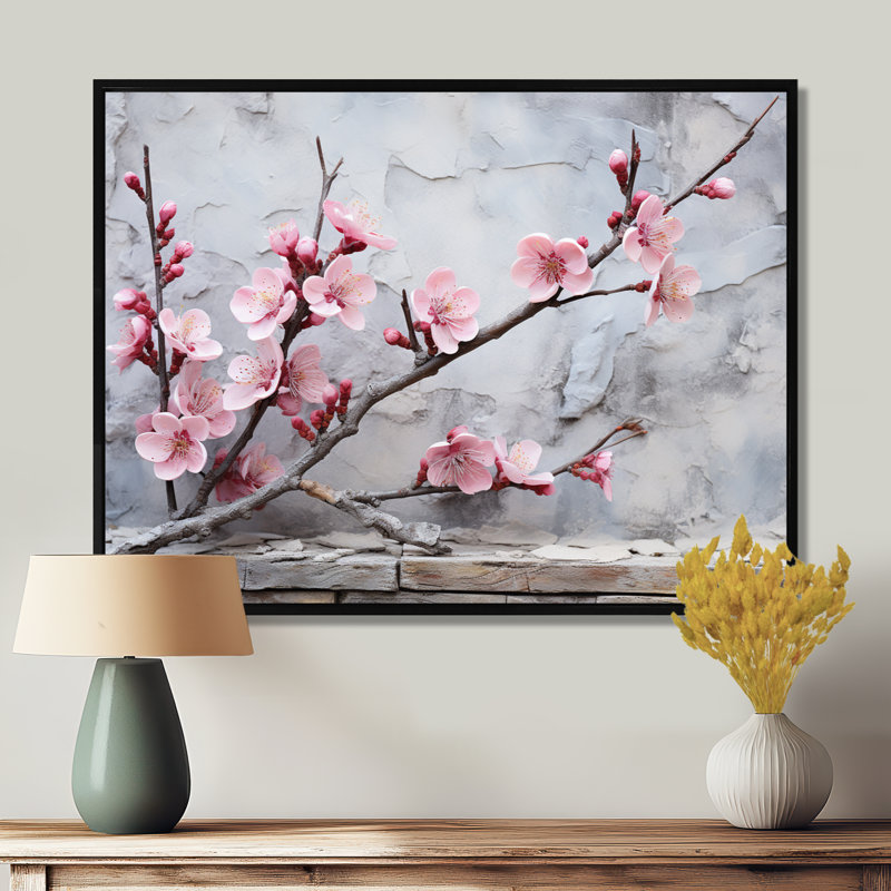 Fleurs de cerisier rose fin de l'hiver - art mural cerisier en fleurs, Cadre flottant noir, H 16 po x l 32 po x P 1 po