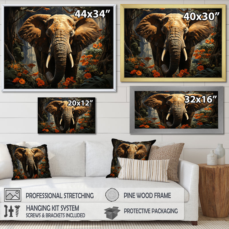 Éléphant dans la jungle, reproduction sur toile encadrée, Cadre flottant noir, H 24 po x l 32 po x P 1 po