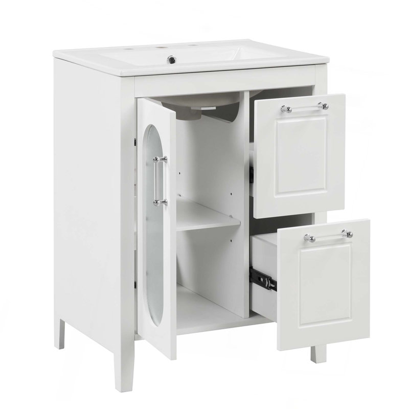 Meuble-lavabo 24 po avec lavabo, meuble-lavabo avec 2 tiroirs et porte, tablette réglable, Blanc