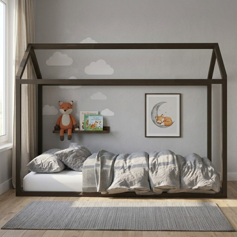 Rosa Solid Wood Kids Canopy Bed Frame, Taupe, Full