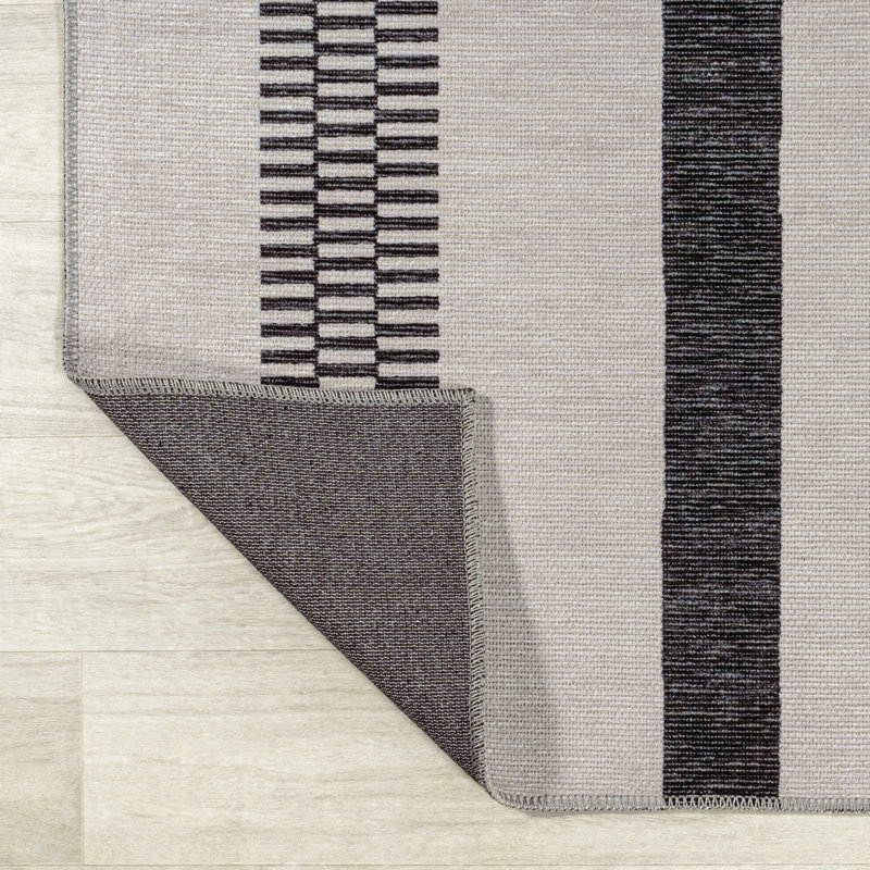 Elvin Geometric Striped Machine-Washable Ivory/Dark Gray Rug, Rectangle 7'10" x 10'