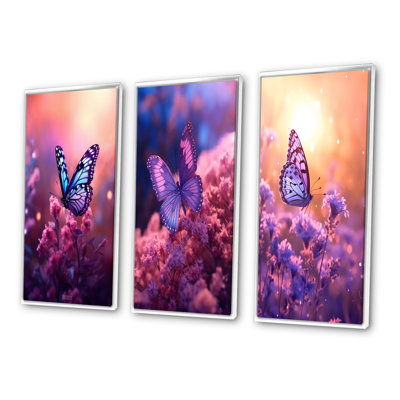Pink Butterfly Wonderful Sunset III - Animals Butterfly Art Set Of 3 Pieces