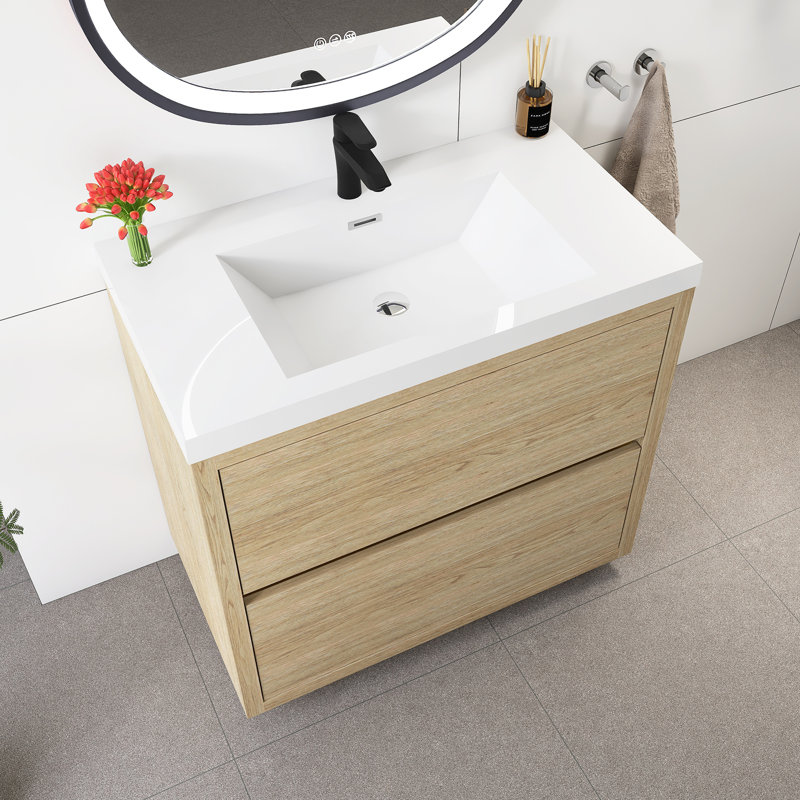 Meuble-lavabo sur pied 36 po avec lavabo, Bois de chêne naturel