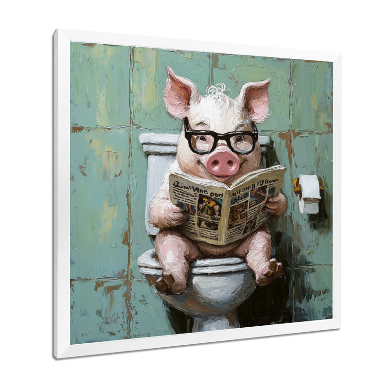 Keiaira, cochon de toilette lisant le journal III - cochon, art mural, H 36 po x l 36 po, Blanc
